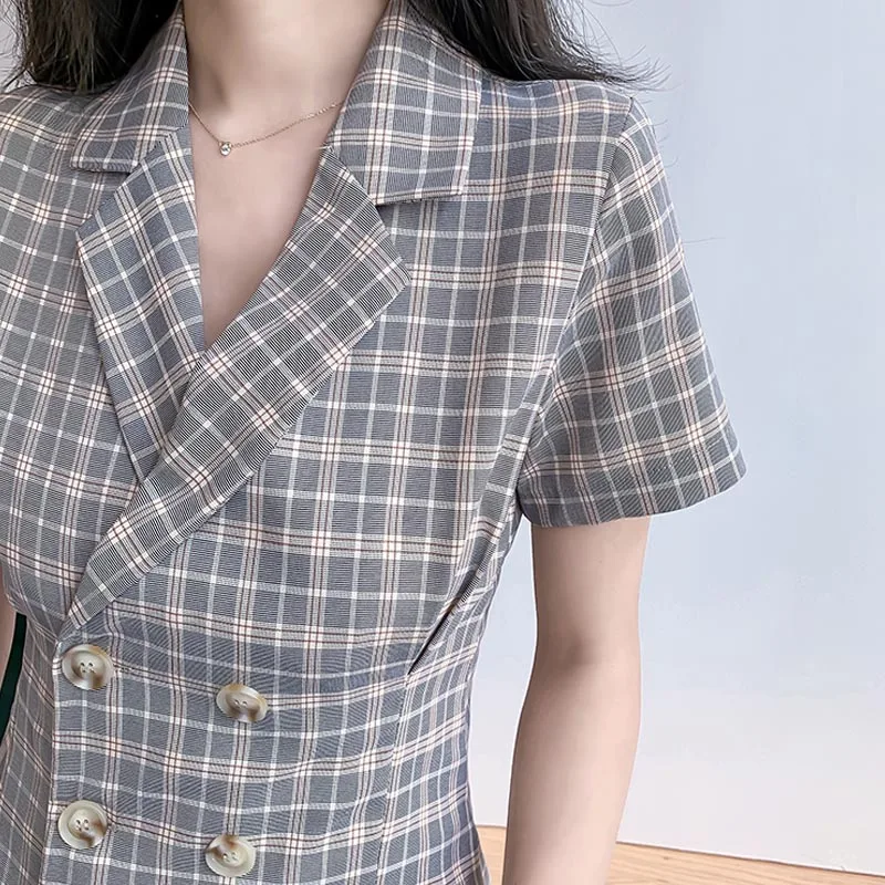 

One-Piece 2021 New Korean Style Summer Chic Dress French Retro Girl Suit Collar Dress Slim Waist Plaid Double Breasted Dresses