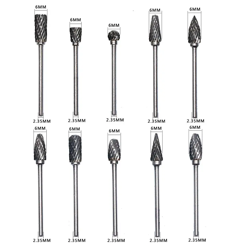 

10 Pieces Tungsten Carbide Rotary Burr Set with 2.35mm Shank Fit Dremel Tool Grinder Drill Woodworking Drilling Carving