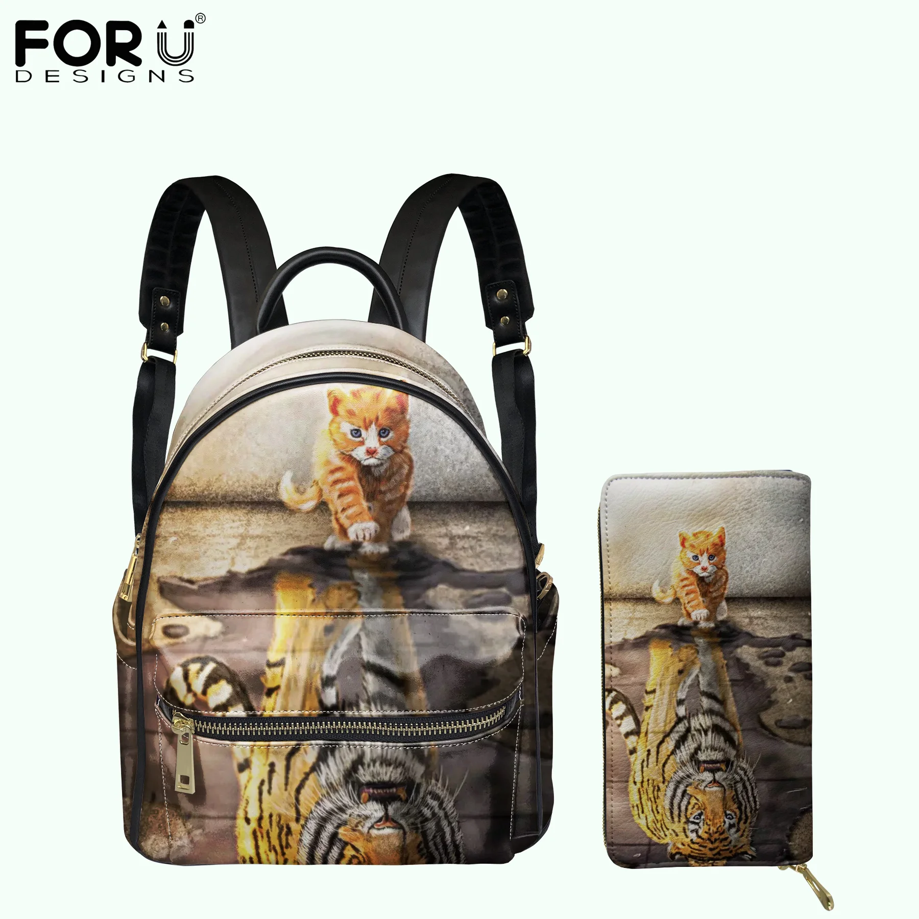 

FORUDESIGNS Shoulders Bag for Women 3D Cat and Tiger Design Female Soft Leather Backpacks Purse Set Casual Girls Satchel&Wallets