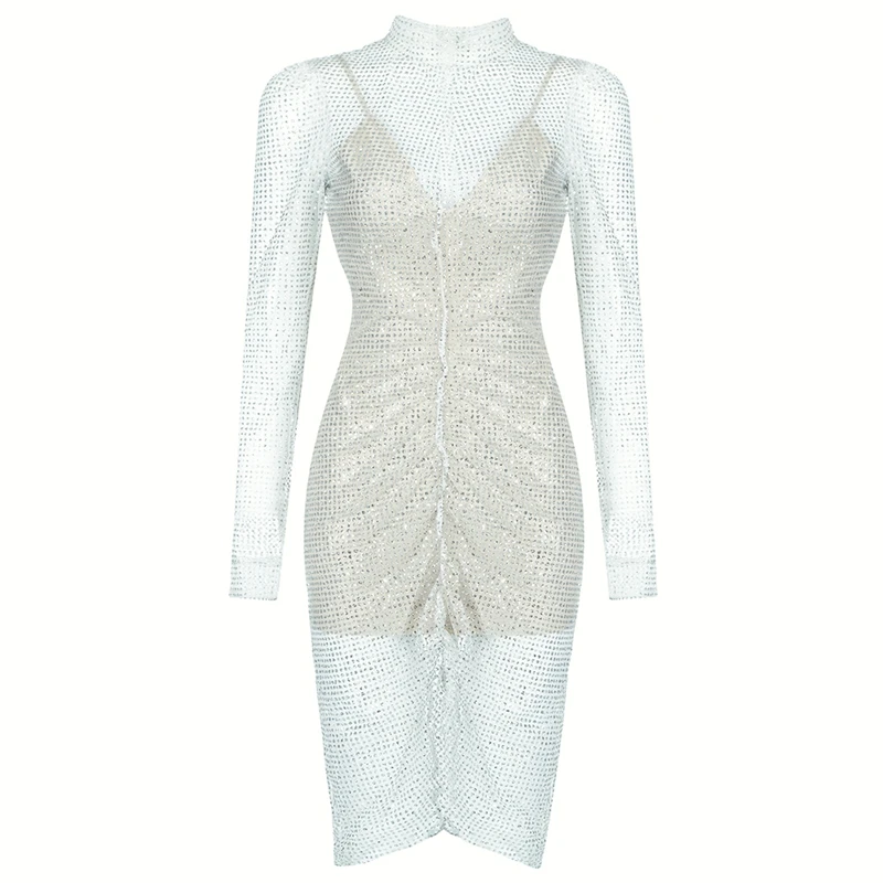 

Beateen 2020 New Fashion Women Vestidos Sexy Sequined Long Sleeve Bodycon Party Club Hollow Out Knee Length Vestidos
