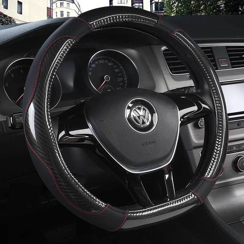 

D Shape Steering Wheel Cover Leather + Carbon Fibre for VW GOLF 7 2015 POLO JATTA Suzuki Swift Nissan Rogue 2017 2018 2019 2020