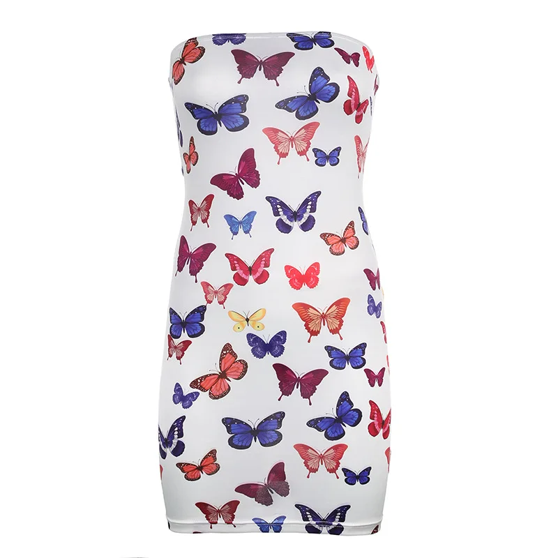 

COIGARSAM Sexy Print Women dress Summer Office Lady High Waist Sheath Strapless Dresses White 8244