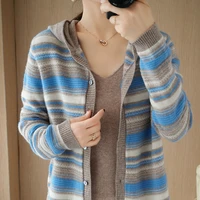 autumn and winter new style hooded cashmere cardigan womens wool knit sweater striped sweater coat women