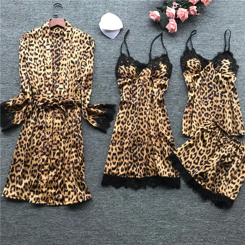

Spring New Long Sleeve Pajamas Woman Ice Silk Fashion Leopard Print Sexy Pajama Set sexy robe sets sleepwear womens pajamas
