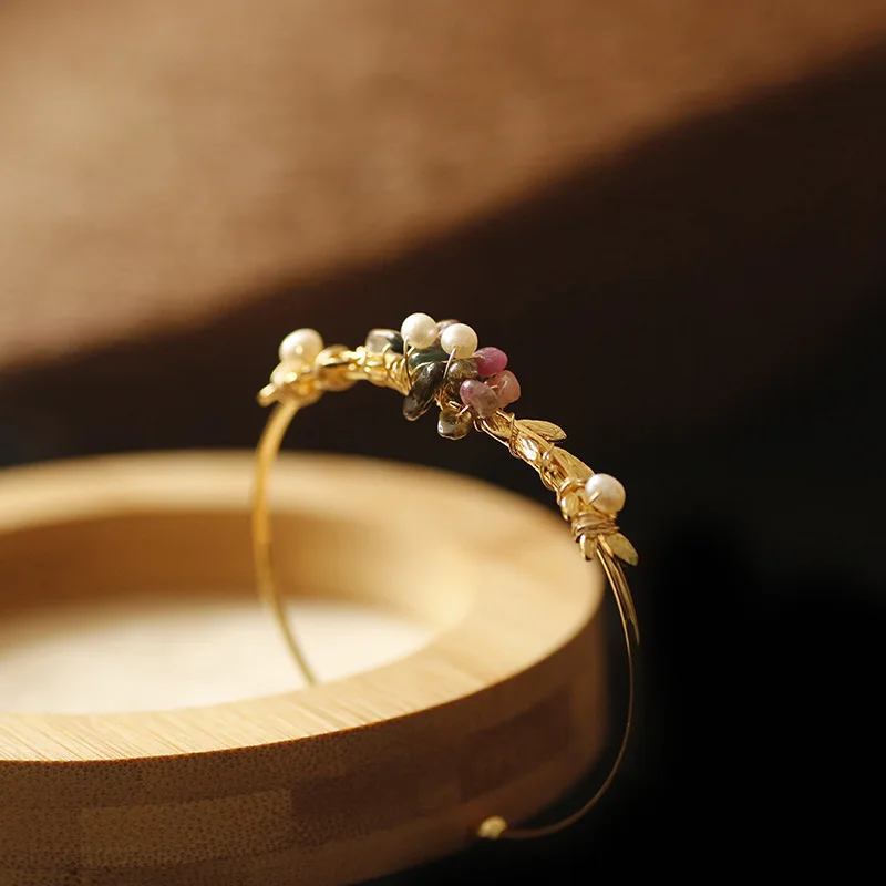 

Handmade Freshwater Pearl Wreath Cuff Bracelet Jewelry Women Vintage Flower Leaf Cluster Beads Bangle Bracelet with Stone SL013