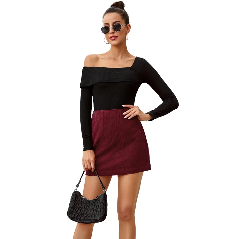 

Women High Waist Corduroy Skirts Solid Sexy Slim Zipper A-Line Mini Short Skirt