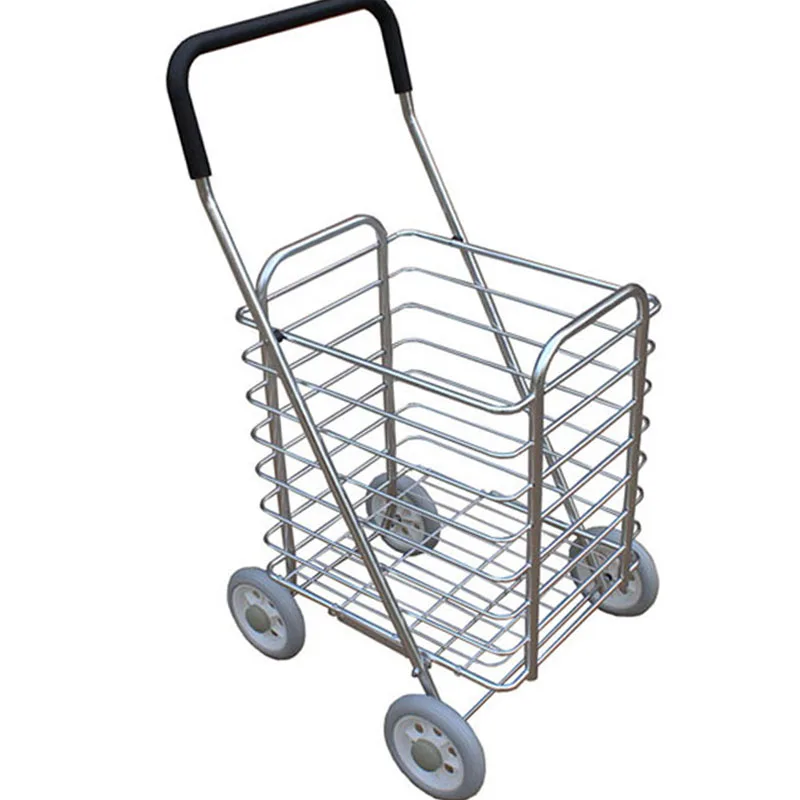 Aluminum Alloy Shopping Cart, Grocery Wagon, 15cm Big Wheel Folding Trolley, Small Trailer Food Basket