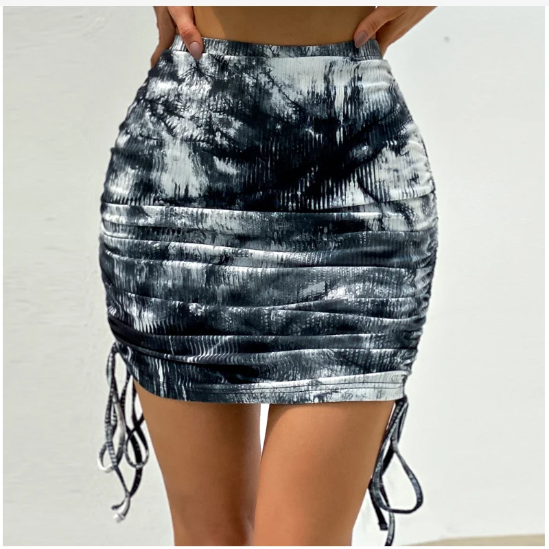 

Women's stretch pleated knit Mini skirt For womens pit side drawstring sexy tie-dye bag hip skirt female Pencil Cotton skirts