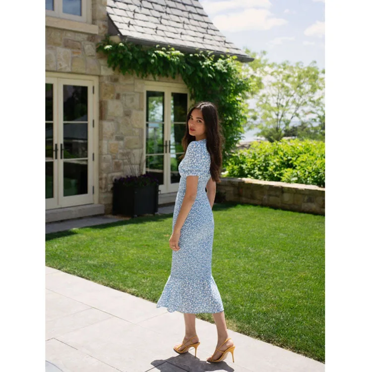 

rayon fishtail V-ne print dress 2021 summer new French women's wear