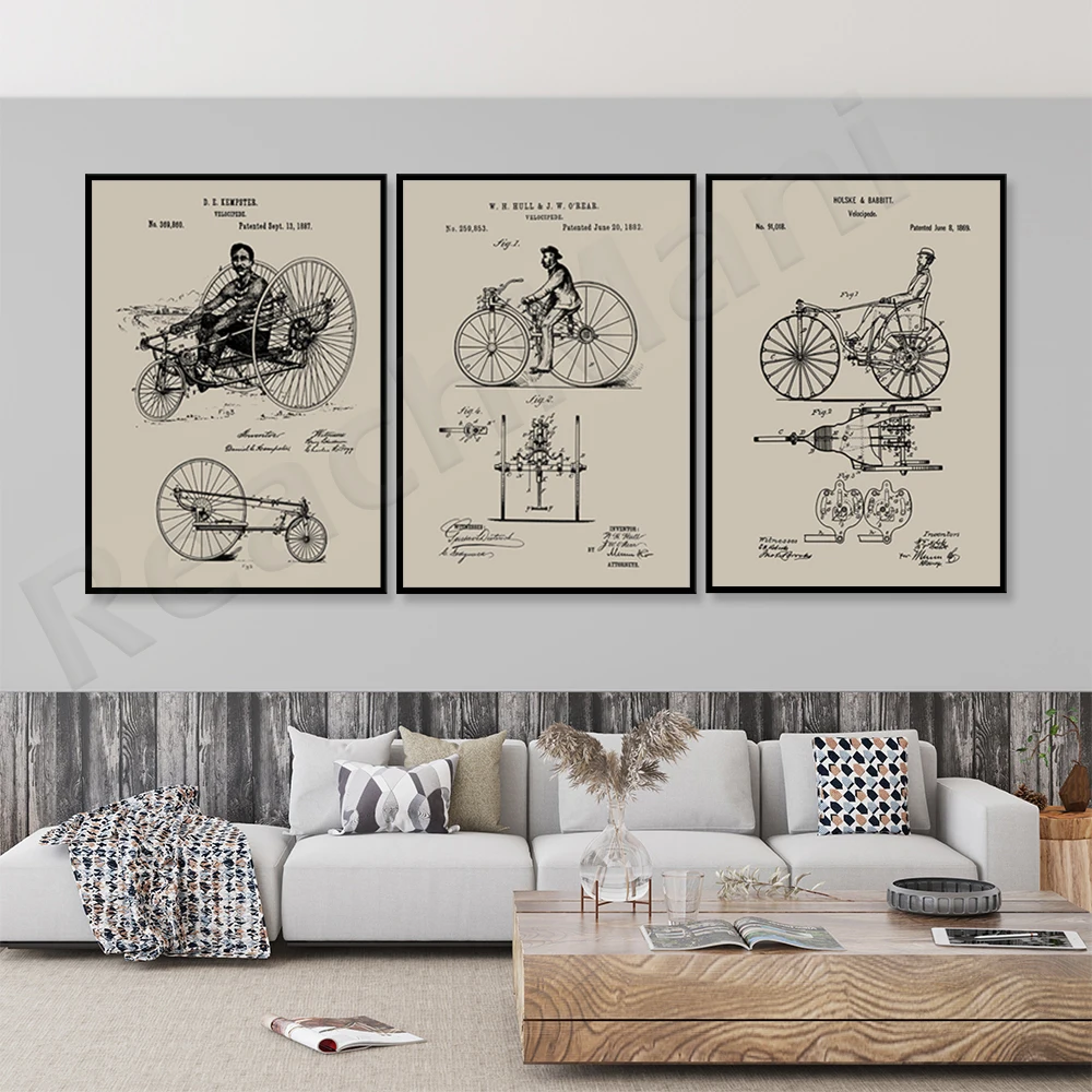 

Retro bicycle art, Velocipede patents from the 1880s, bicycle art posters, cyclists, top patent drawings, early tricycle designs