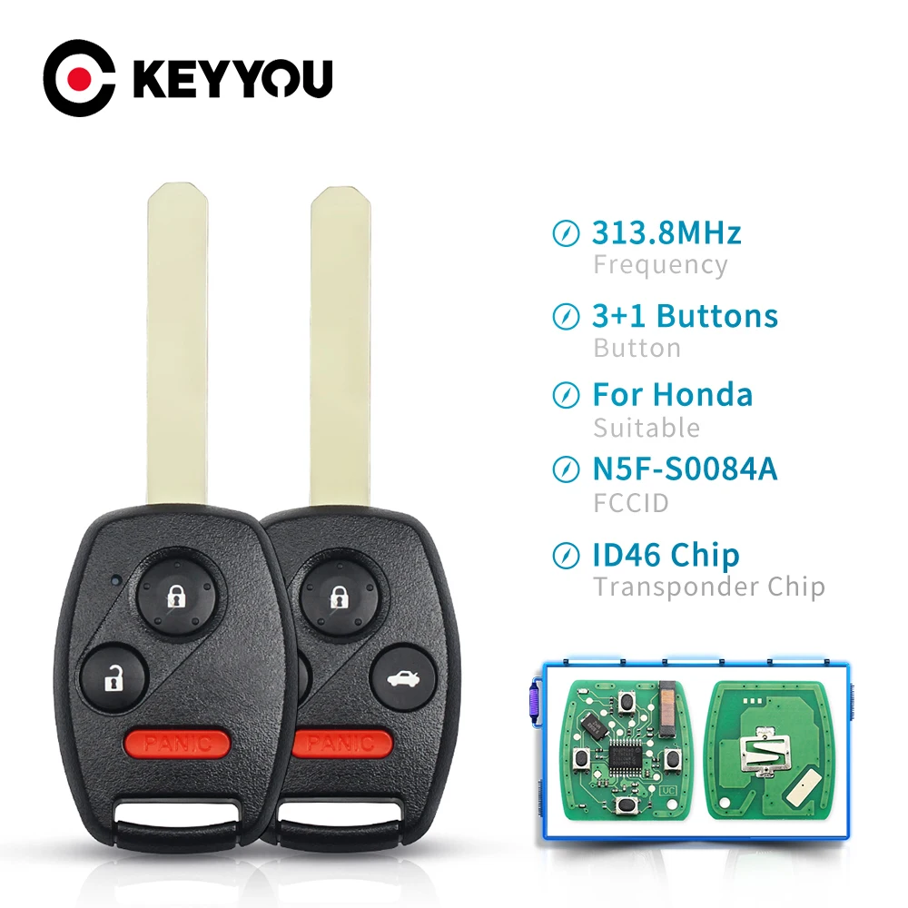 KEYYOU Replacement N5F-S0084A 2+1 3 Buttons Car Remote Key For Honda CRV Fit Accord CR-Z Civic Odyssey 313.8Mhz Fob Key Case