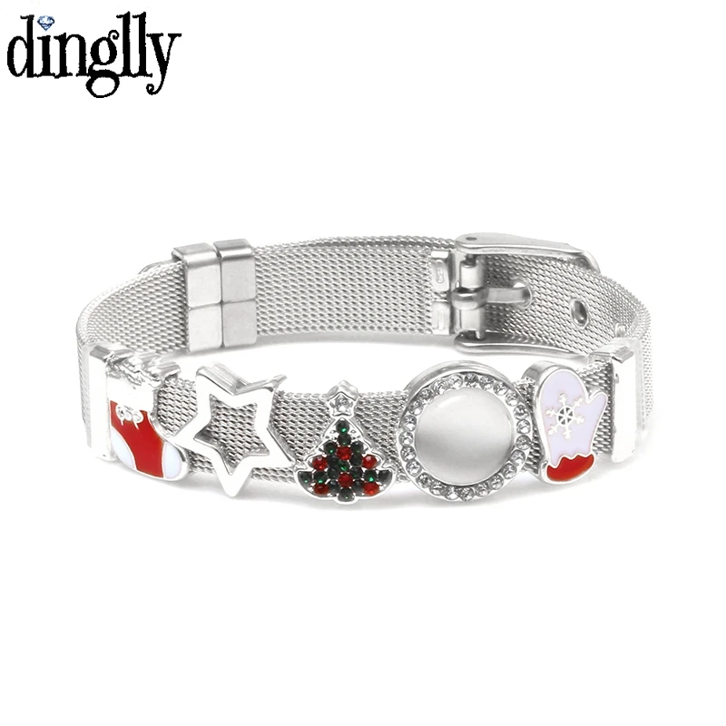 

DINGLLY New Christmas Tree Charm Stainless Steel Mesh Bracelets For Women Men Snowman Beaded Girls Boy Kids Child Mesh Bracelet