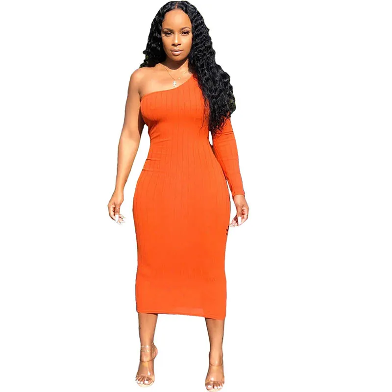Women's Solid Color Slanted One-Shoulder Pit Nightclub Mid Dress | Женская одежда