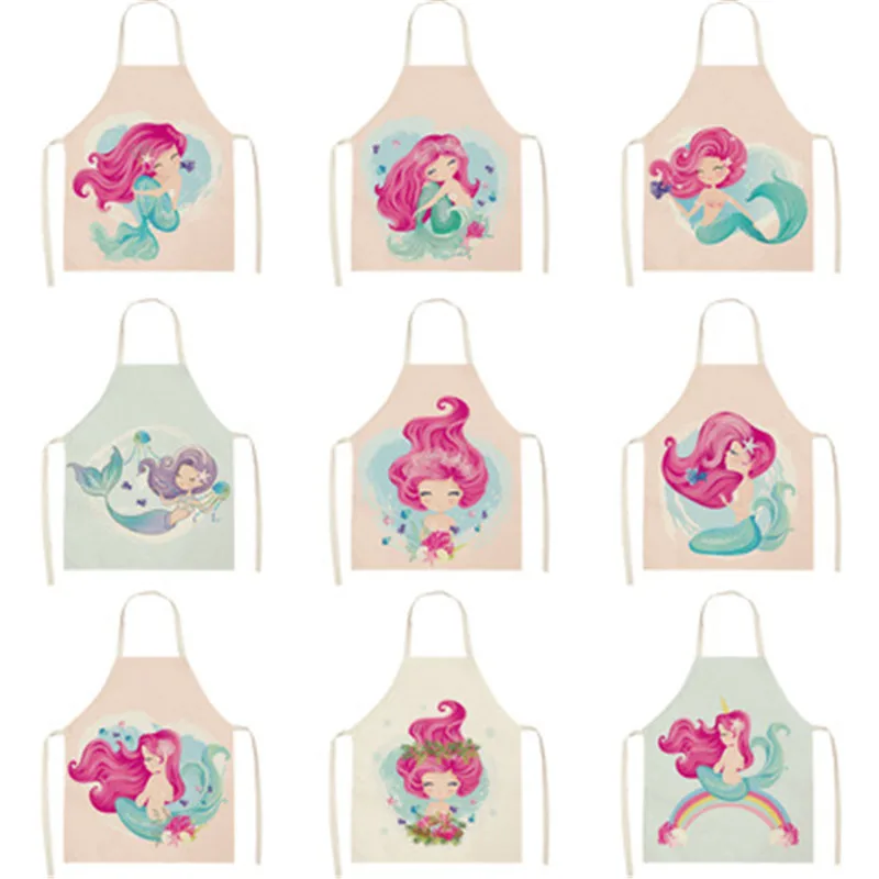 

Cartoon Mermaid Parent-child Kitchen Apron Cotton Linen Baking Cooking Aprons for Women Cleaning Apron Waist Bib Pinafore