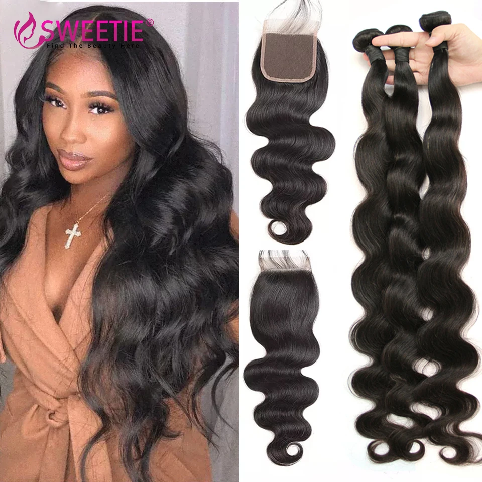 Brazilian Hair Body Wave 3 Bundles With 4x4 Lace Closure Human Hair Bundles With 5x5 HD Lace Closure Remy Human Hair Extensions