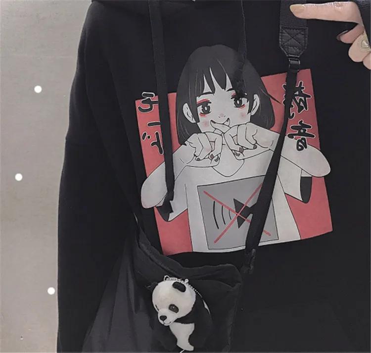 Harajuku Kawaii аниме девушка с капюшоном Толстовка японский Винтаж милый черный флис толстовка с рисунком женский объемный пуловер