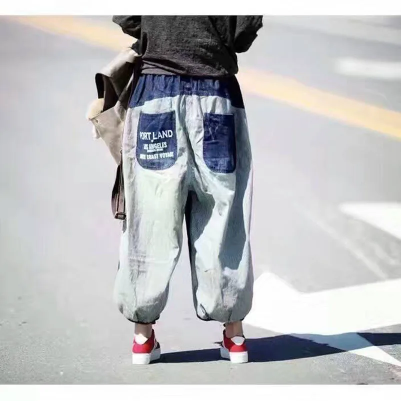 

Plus Size Wide Leg Jeans Spring Autumn Vintage Casual Spliced Striped Denim Cross Pants