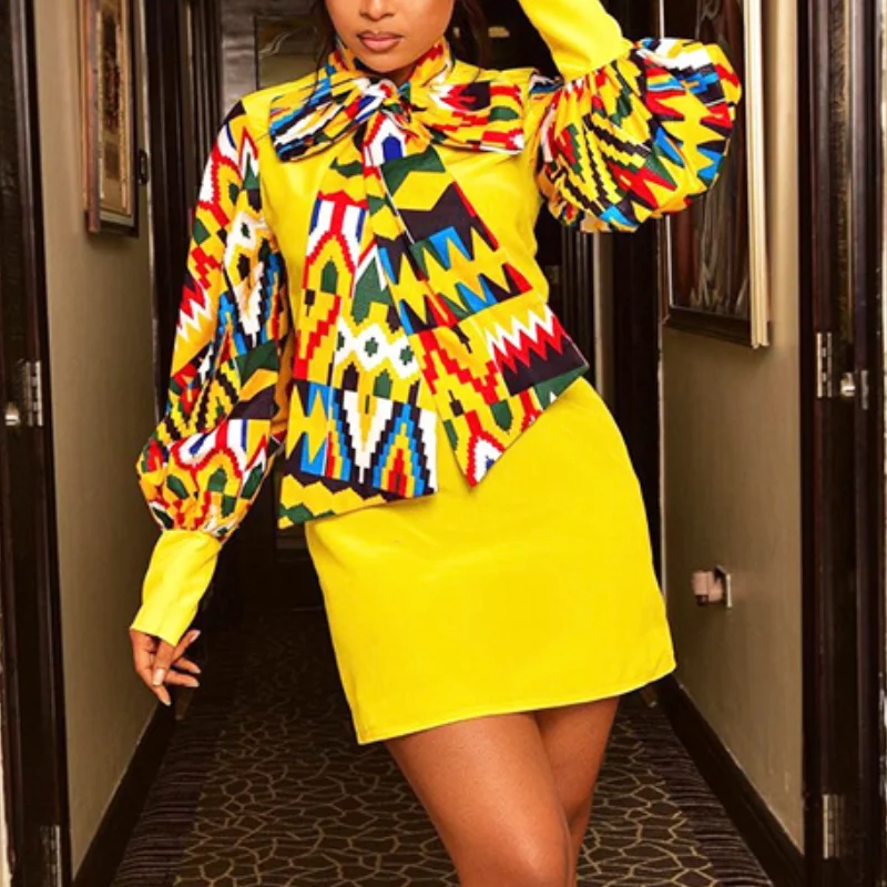

Women Mini Dress Long Sleeves Patchwork Printed with Bowtie Collar African Female Fashion Elegant Office Ladies Work Wear Classy