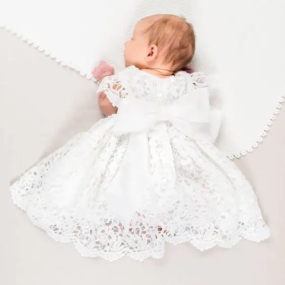 

Toddler Girls Dress White Flower Lace Short Sleeve Bow Back O Neck A-line Dress