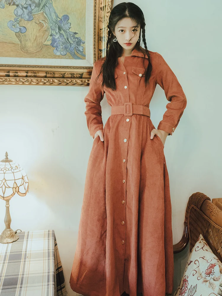 Леди темперамент ретро вельветовое платье Осень Зима Женское однотонное с