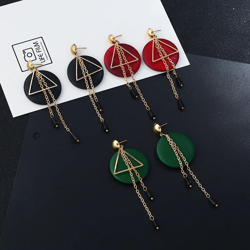 

Fashion Round Wood Dangle Drop Earrings Jewelry 2021 Geometric Hollow Triangle Tassel Earrings For Women