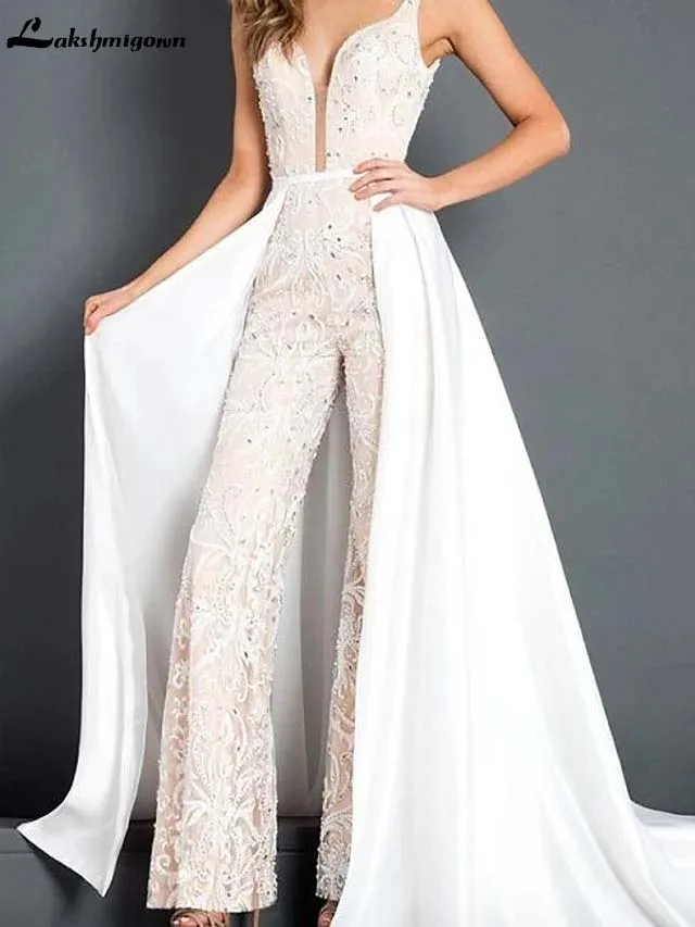 

Jumpsuits Wedding Dresses V Wire Floor Length Polyester Sleeveless Glamorous Plus Size with Beading 2020