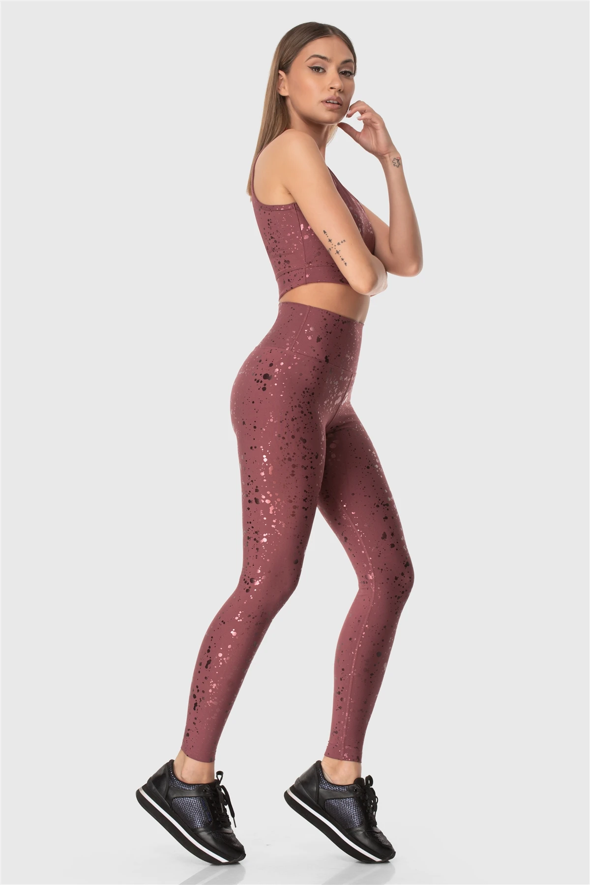 Superstacy High Waist Patterned Burgundy Sports Leggings