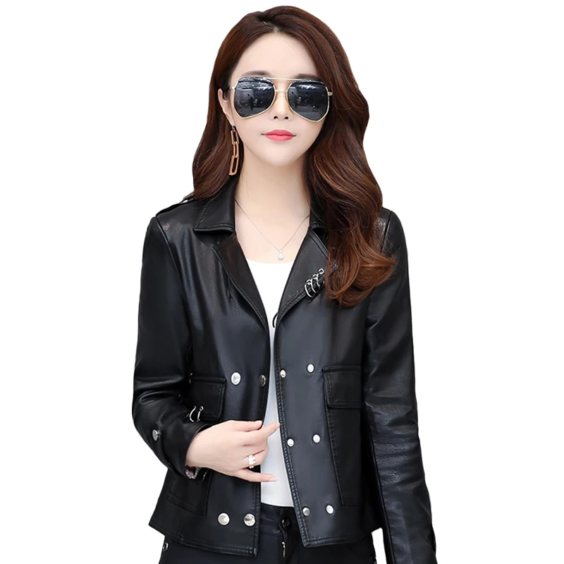 Женская куртка из искусственной кожи с заклепками короткая черная мотоциклетная