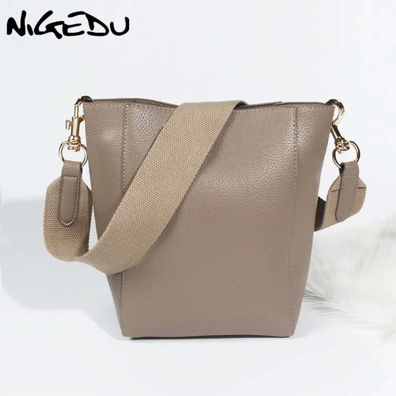 

NIGEDU brand design bucket Shoulder bag for Women handbags leather messenger bags wide shoulder straps women's big totes bolsa