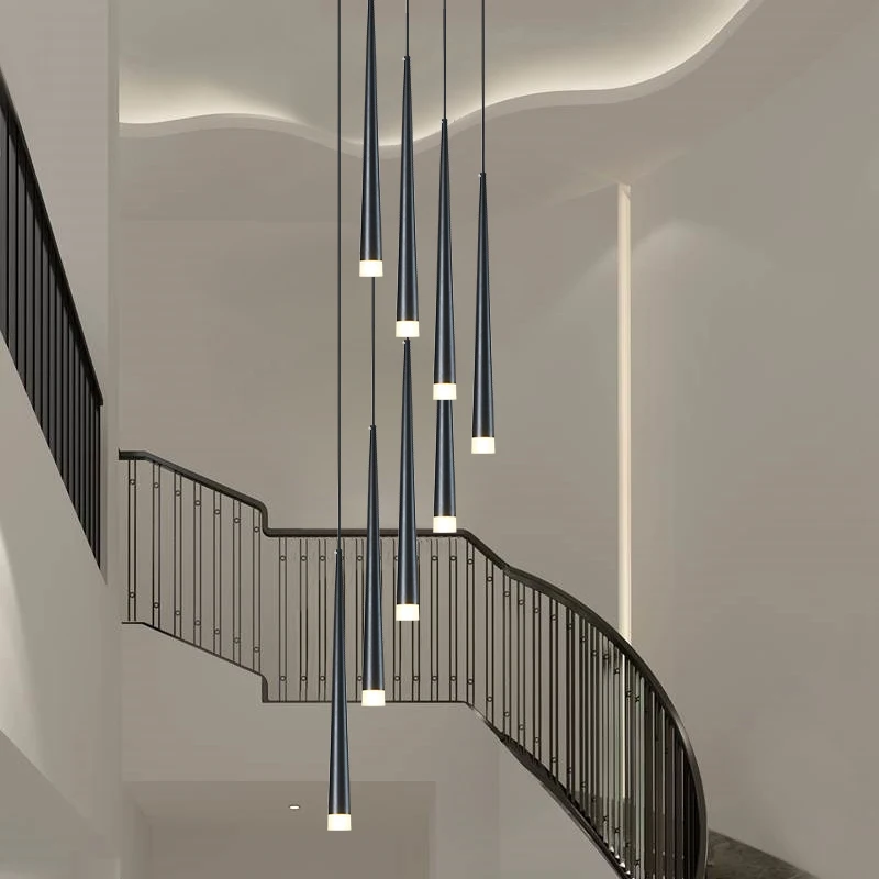 Nordic tube chandelier led long cone lamp Kitchen Restaurant Bar decorative modern staircase long chandelier