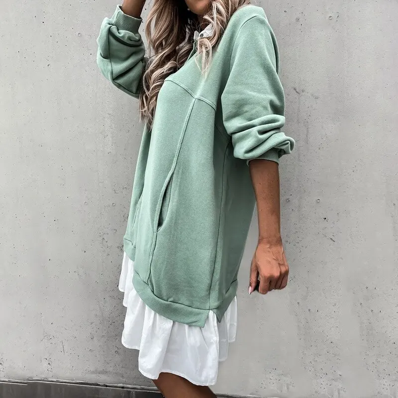 

Autumn Ruffles Straight Dress Winter Color Matching Pocket Button Sweatshirt Long-Sleeved casual Dress dresses for women