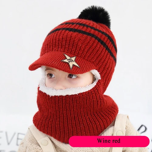 wine red Зимняя шапка шлем детская с помпоном зимний снуд шапки для маленьких девочек и мальчиков шапка с теплой флисовой подкладкой шапки для детей HT19025 - Цвет: wine red