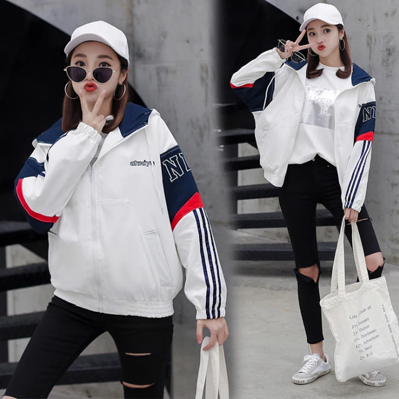 

Hip-hop jacket 2019 fall women cotton coat preppy style loose workwear Hooded Windbreaker free size F608