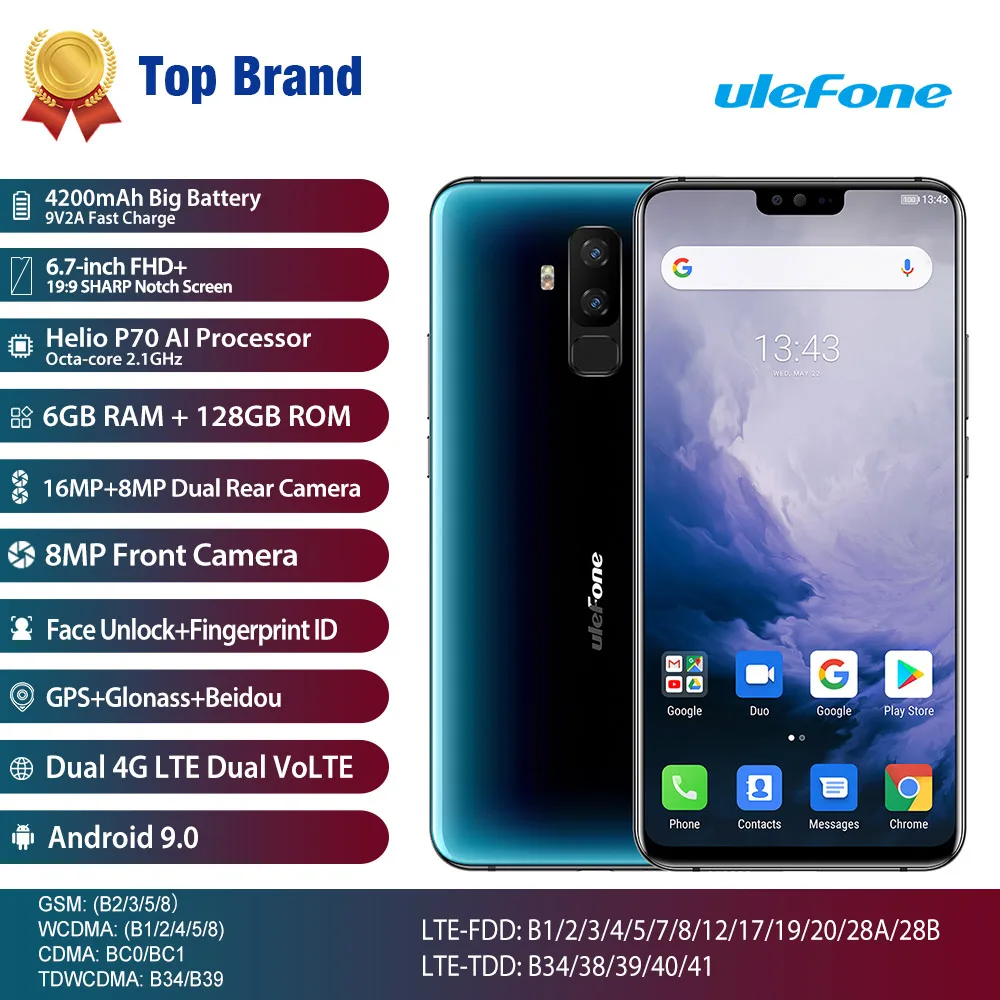 Ulefone T2 смартфон с 5 дюймовым дисплеем восьмиядерным процессором Helio P70 ОЗУ 6 ГБ ПЗУ