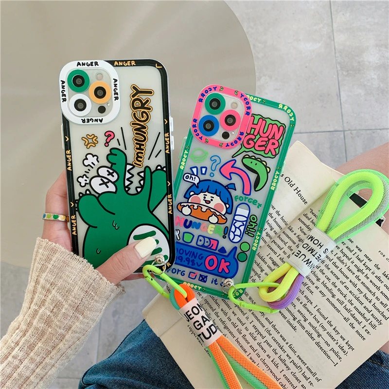 

Korea Cute Graffiti Label Tide Cool Phone Case for Iphone 12 Pro Max MiNi 11 XR X XS 7 8 Plus SE 2020 Soft Cover with Hand Strap