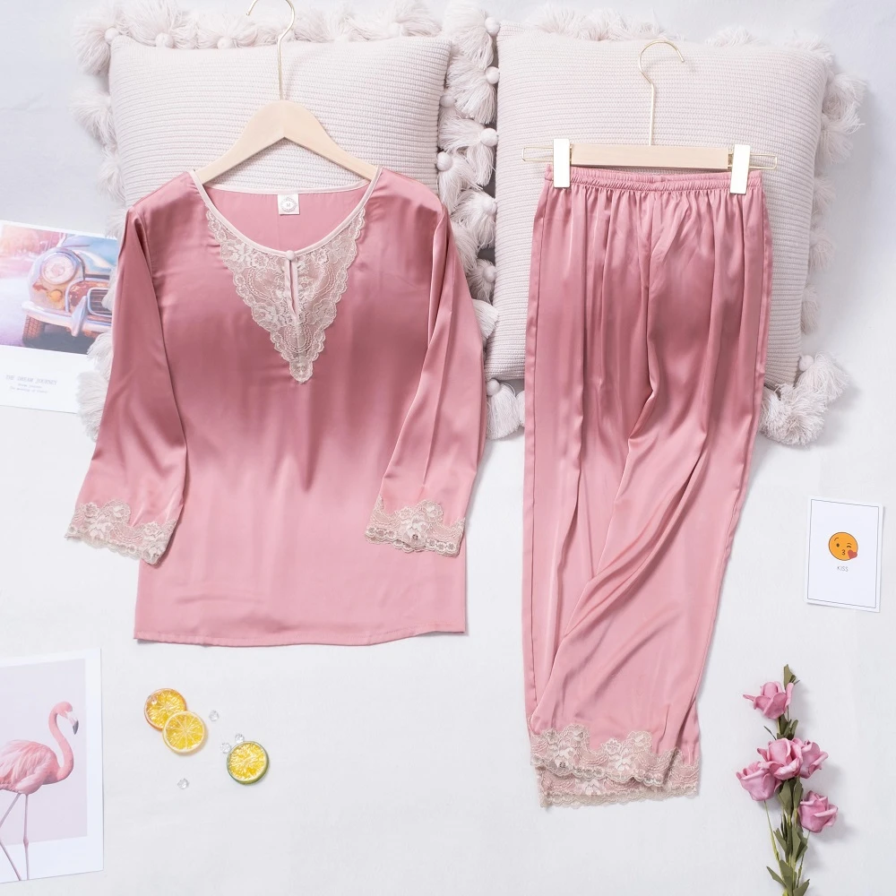 

Women Hollow Out Lace Sexy Long Sleeve Suit Pajamas Ice Silk Pyjamas