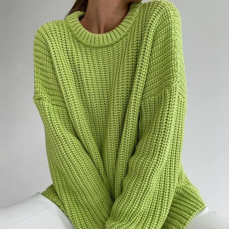 

Женский однотонный Вязаный Свитер оверсайз, повседневный Свободный пуловер с круглым вырезом и длинным рукавом, Осень-зима 2021