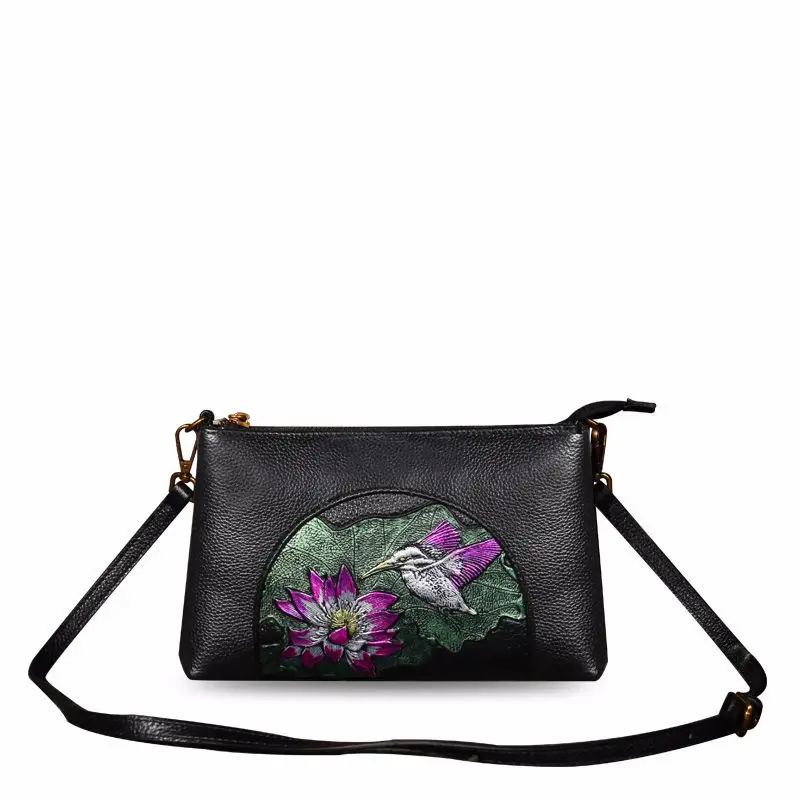 

Luxury Women Black Shoulder Bags Handmade Embossing Hand Painted Genuine Cowhide Leather Ladies Handbag