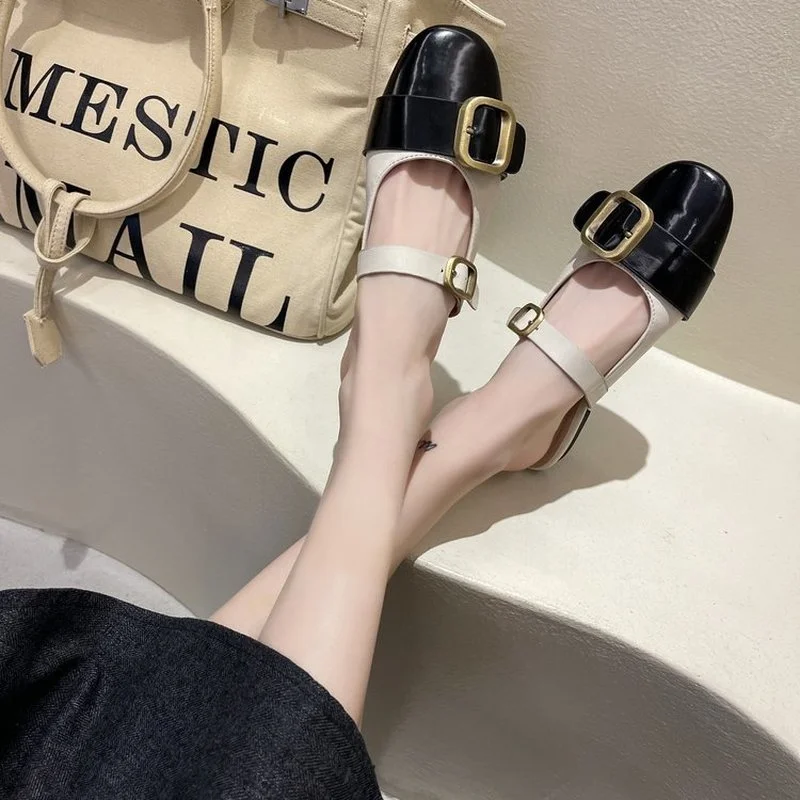 

Mary Jane Shoes Women's Spring/Summer 2021 Korean Edition Flat Flat Baotou All-match Retro Half Slipper with A Button