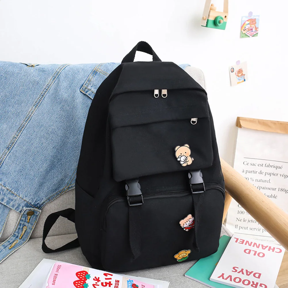 

Simple Women Casual Canvas Backpack Black with Badges Shoulder Bags For Ladies Fashion Female Large Capacity Student School Bags