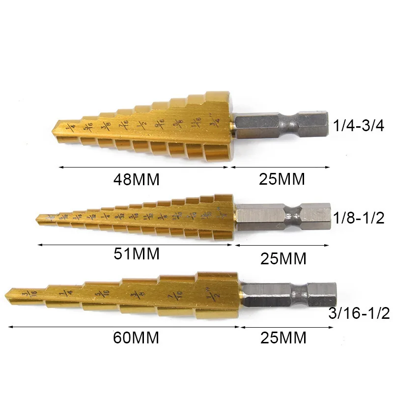 

3Pcs HSS Titanium Coated Step Drill Bit Set Power Tools Metal Wood Hole Cutter Punch Head Step Cone Drill