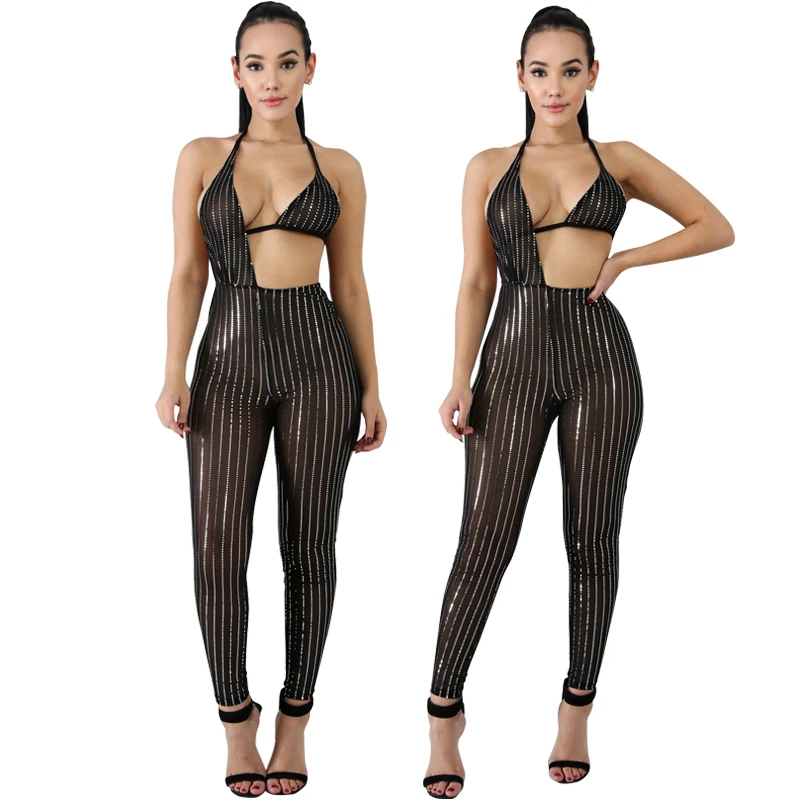 

Оптовая и розничная продажа, весенний сексуальный сетчатый комбинезон с оборками на груди, вечерний комбинезон с блестками