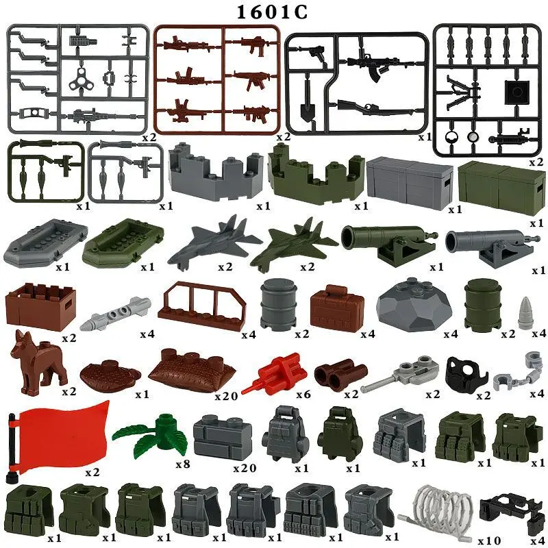 

Military Weapon Accessories Pack Artillery Guns Box Planes Boat Army Soldiers Figures Gun Helmet Parts Bricks Toys For Children