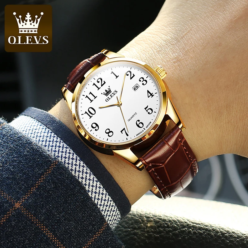 OLEVS 2022 New Fashion Brown Leather Quartz Watch Top Brand Luxury Full Gold Frame Luminous Hands Waterproof Couple Watch 5566