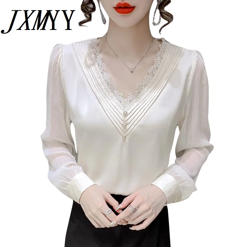 

JXMYY 2021 Fall New Style Fashion Elegant Temperament Design Sense Lace Blouse V-Neck Women's long-Sleeved Chiffon Small Shirt