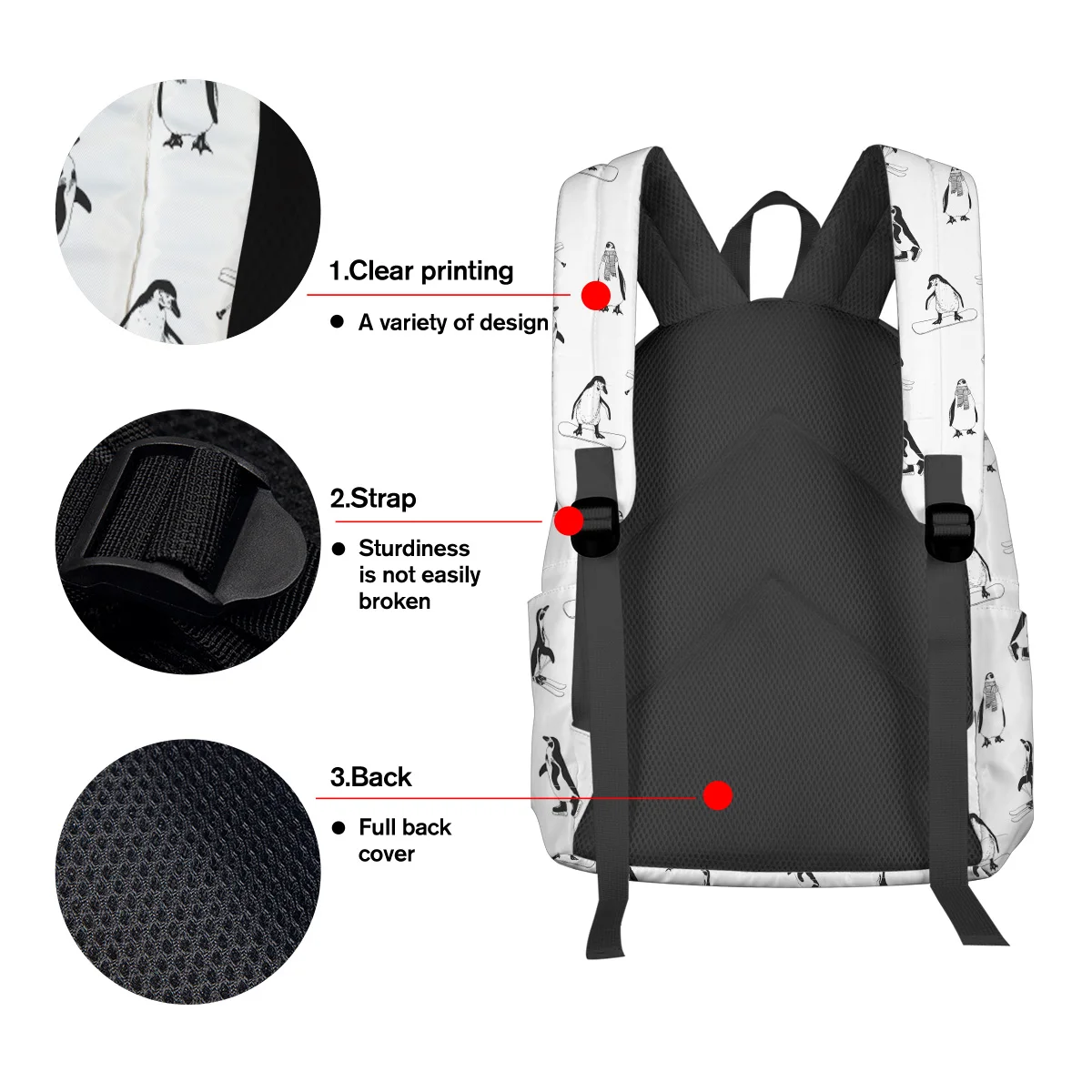 Белый рюкзак с рисунком скейтборда пингвина для студентов колледжа ноутбука