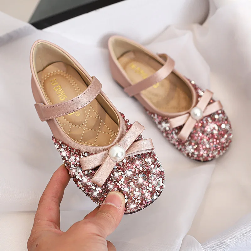 

New Baby Dance Shoes Toddler Flats Children Breathable Soft Bottom Princess Bow Crystal Leather Shoes Girls Kids Performance 02B