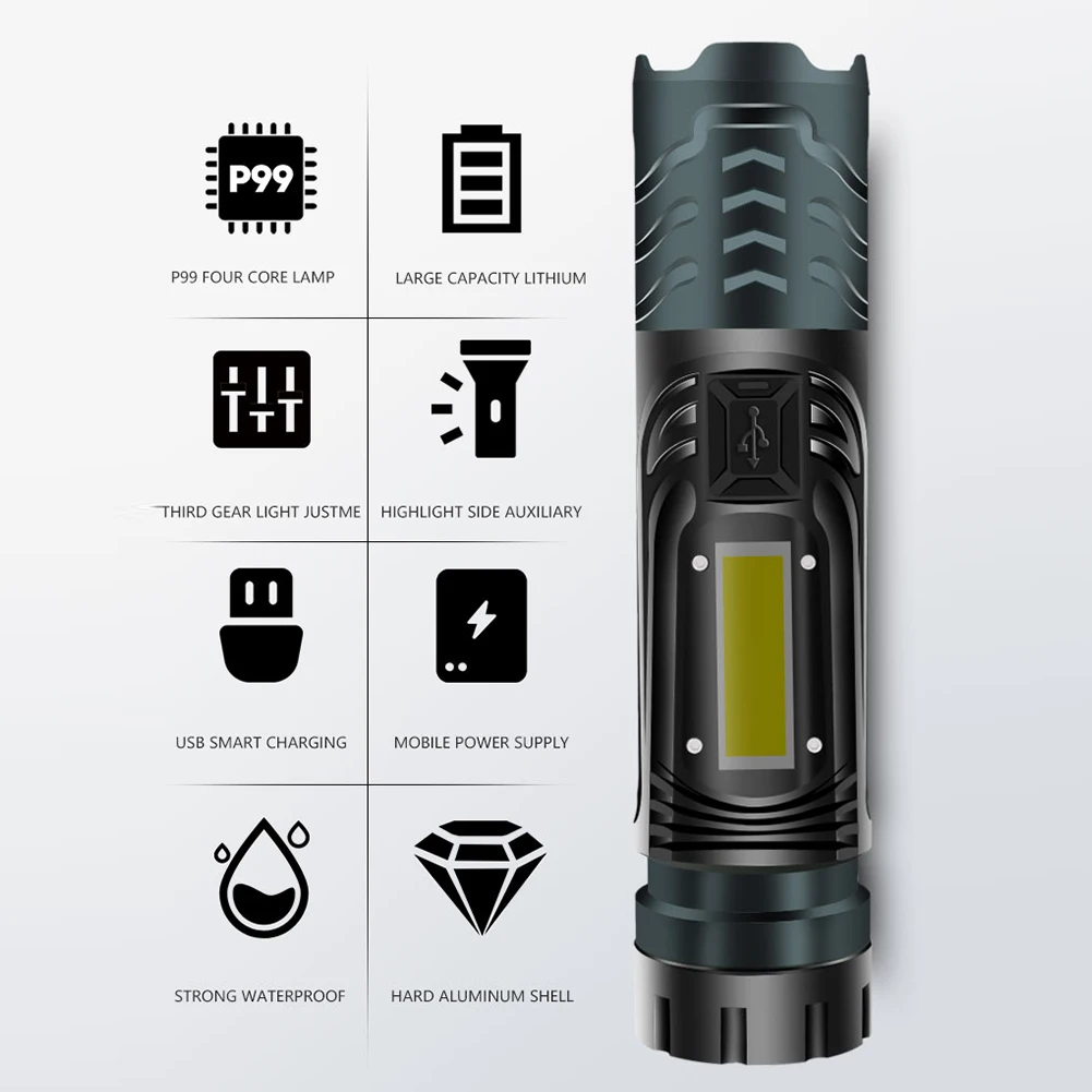 구매 줌이 가능한 LED 손전등, 3 모드, 방수 토치, 작업 램프, USB 충전, 야외 캠핑 라이트, 휴대용 자동차 수리 라이트