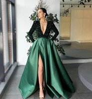 dubai dark green sequins satin long sleeve prom evening dresses arabic sexy deep v neck high split party gowns robe soir%c3%a9e femme