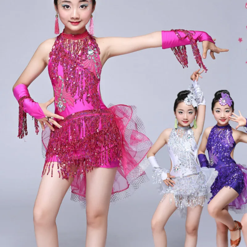 Платье с бахромой и блестками для сальсы Детские платья Одежда латинских танцев